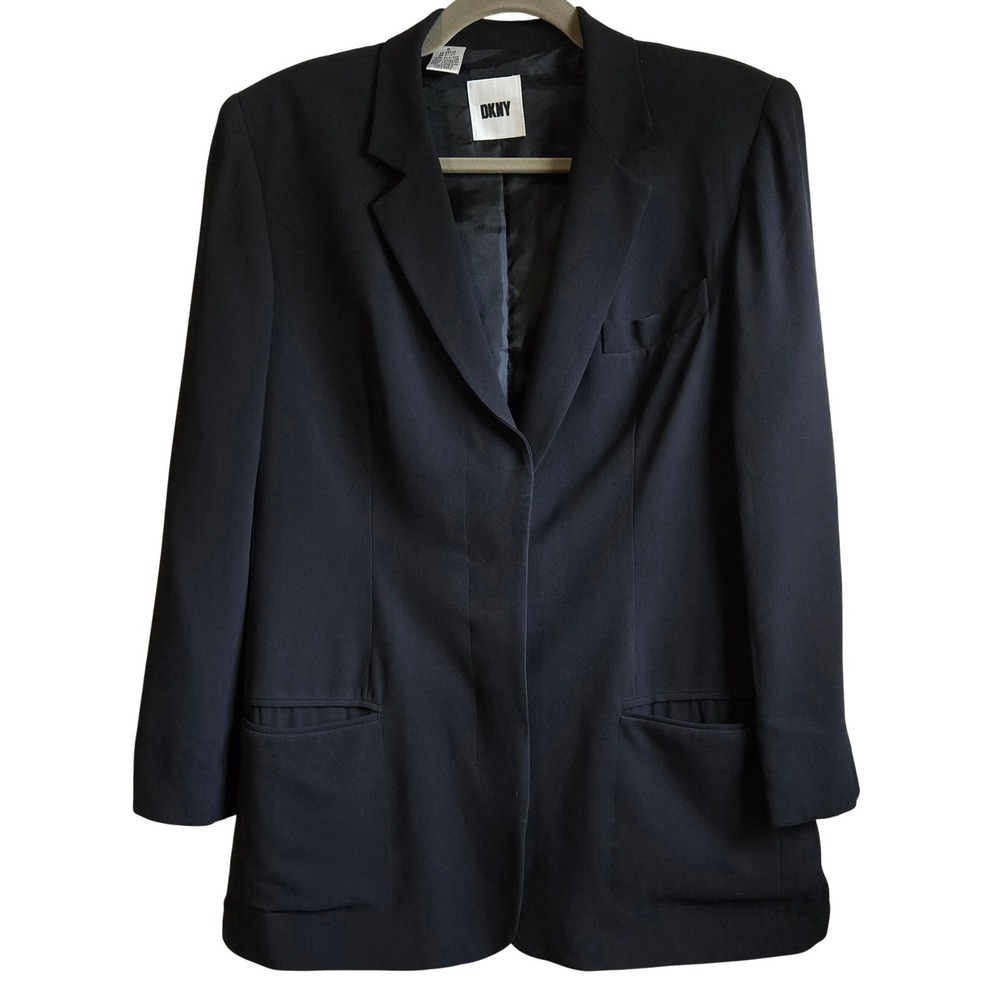 DKNY Womens Size 8 Chic Black 100% Silk Single Button Blazer Jacket Pockets